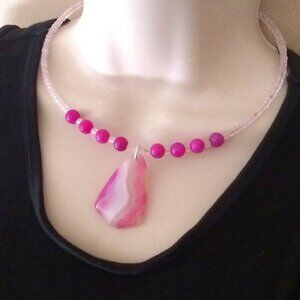 Pink & White Agate + Sugilite Choker Bib Necklace ~ Unique Feminine Girlie Boho